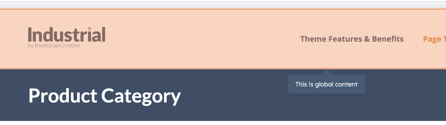 The HubSpot page editor with the header highlighted and the Edit global content button showing