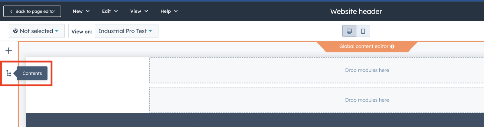 The global header editor with the contents icon on the left side of the screen