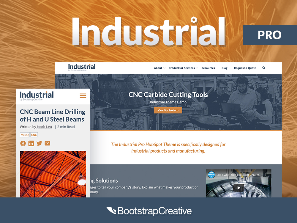 Industrial PRO HubSpot theme preview showing a homepage with a hero banner