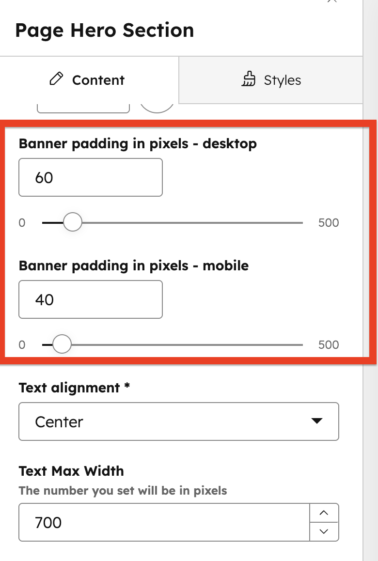 The hero module's Settings tab with the banner padding fields