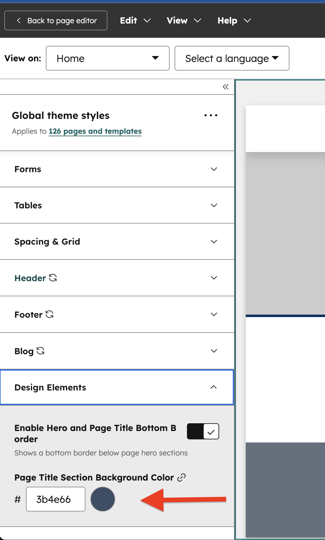 Theme settings with the Design Settings group open and the Page Title Section Background Color field