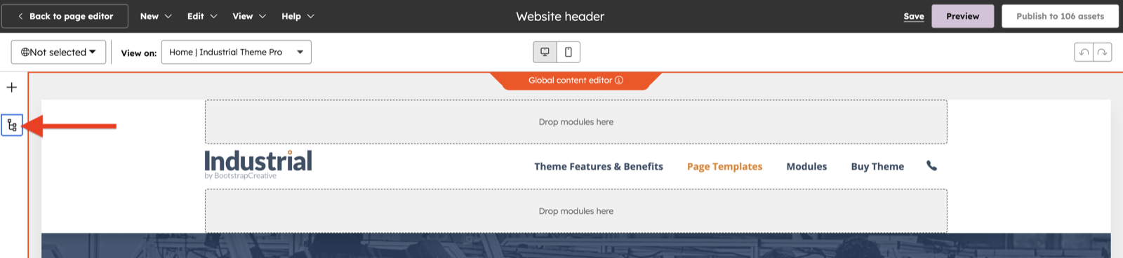 The global header editor with the contents tab icon on the left