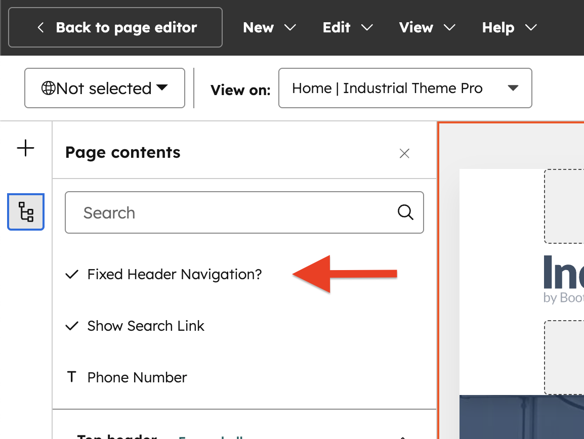 The contents panel with the Fixed Header Navigation? link