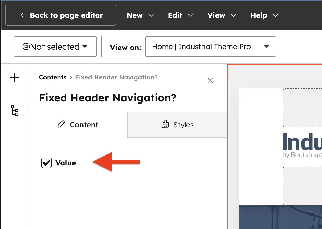 The Fixed Header Navigation? checkbox