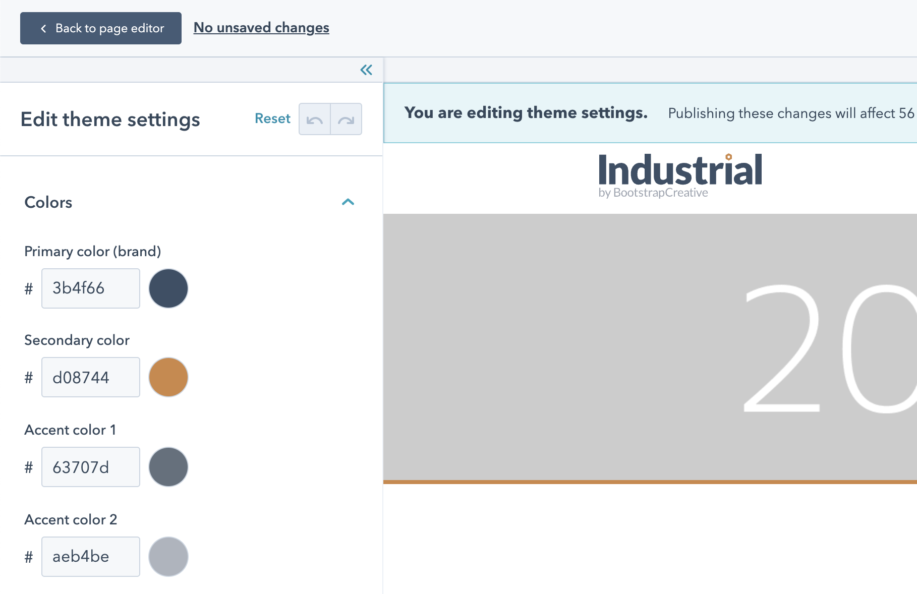 The theme settings panel with the header selected